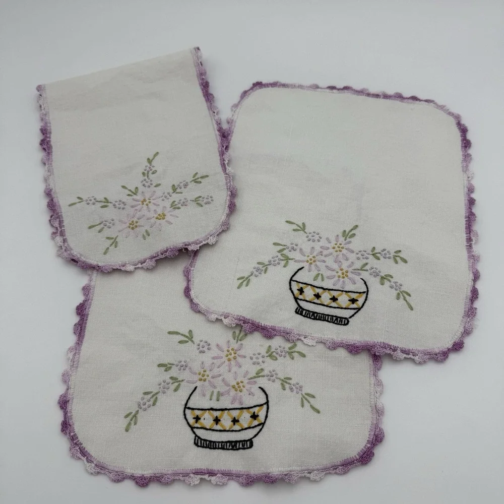 Antique 3 Piece Embroidered Linen Armchair Set‎ Textiles Antimacassar Lavender